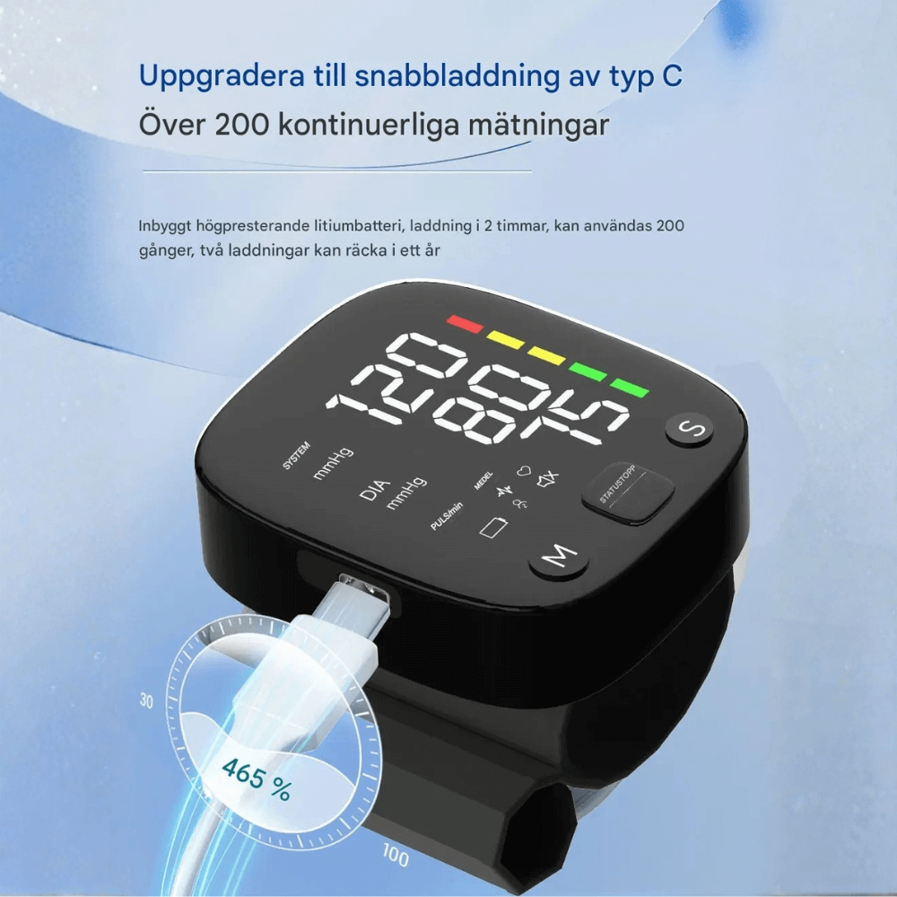 SmartPulse – Automatisk Blodtrycksmätare För Handled Med USB Uppladdning Och Minne