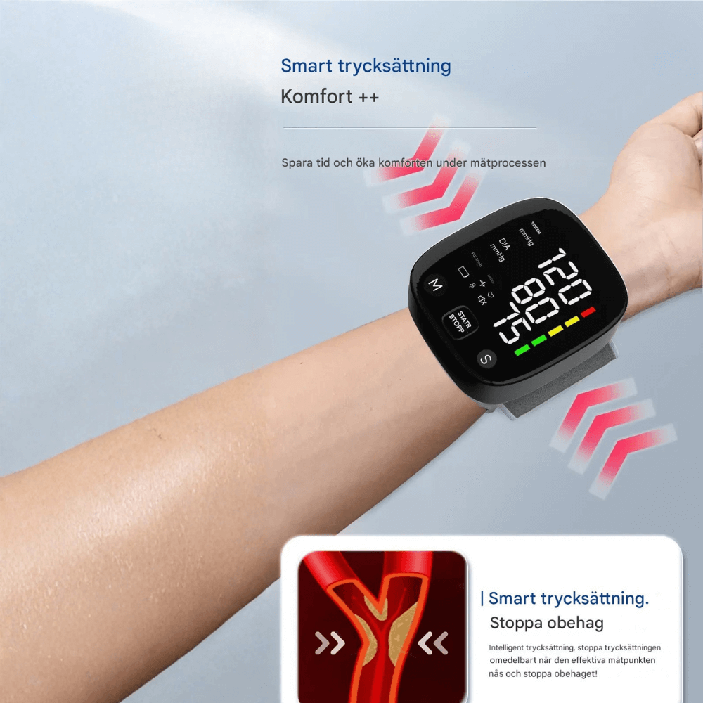 SmartPulse – Automatisk Blodtrycksmätare För Handled Med USB Uppladdning Och Minne